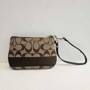 Coach Signature Small Wristlet Brown Logo Canvas Wallet Zipper Top Wrist Strap